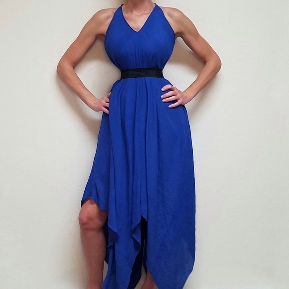 VINTAGE Cobalt Blue Asymmetric Sharkbite Hem V-neck Tie-Waist Gossamer Dress XL - Picture 4 of 16